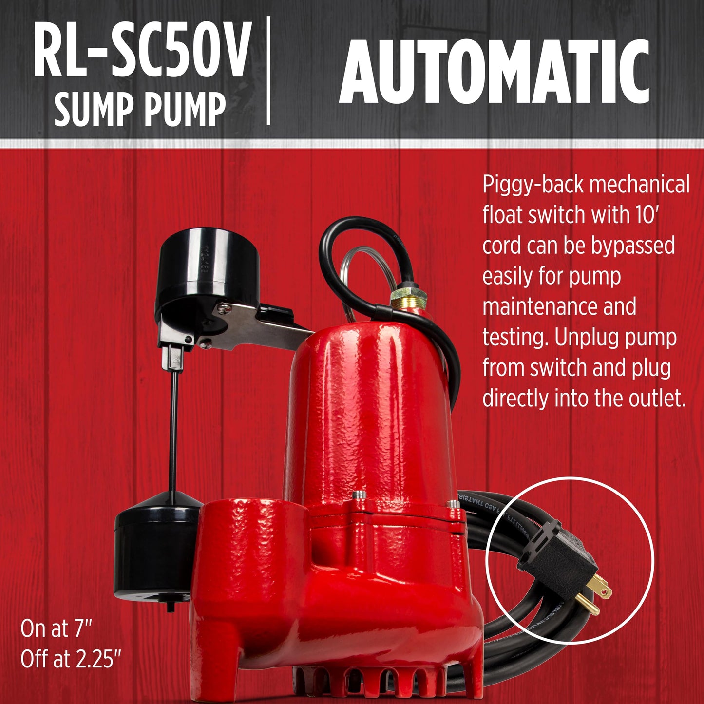 Red Lion RL-SC50V 115-Volt, 1/2 HP, 4300 GPH Cast Iron Sump Pump with Vertical Switch, 10-Ft. Cord, Red, 14942747 Red Lion