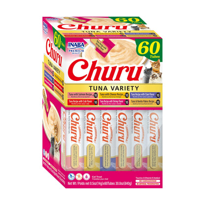 Friandises Churu pour chats INABA, purée crémeuse et onctueuse à lécher ou presser, avec extrait de thé vert et taurine, 14 grammes par tube, 60 tubes, boîte variée au thon