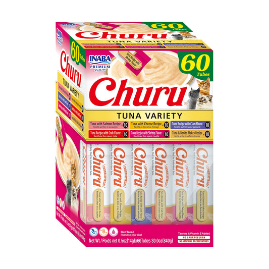 Friandises pour chats Churu d'INABA, purée crémeuse à lécher ou presser, avec extrait de thé vert et taurine, 14 grammes par tube, 60 tubes, boîte variée au thon 🍁 All In One Marketplace Canada