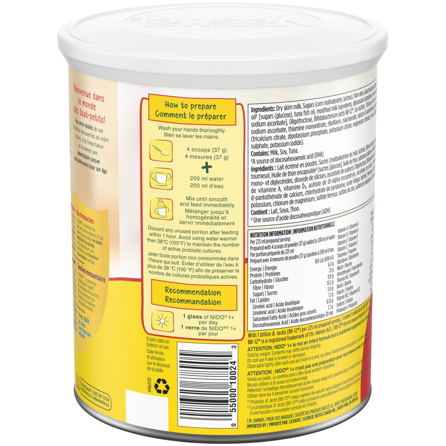 NIDO 1+ Toddler Milk-Based Nutritional Supplement With Calcium, Vitamins D and A, Magnesium, Probiotics, DHA, For Teeth, Muscles, Bones, Immune System And Brain Development, 850 g - Available at All In One Marketplace Canada