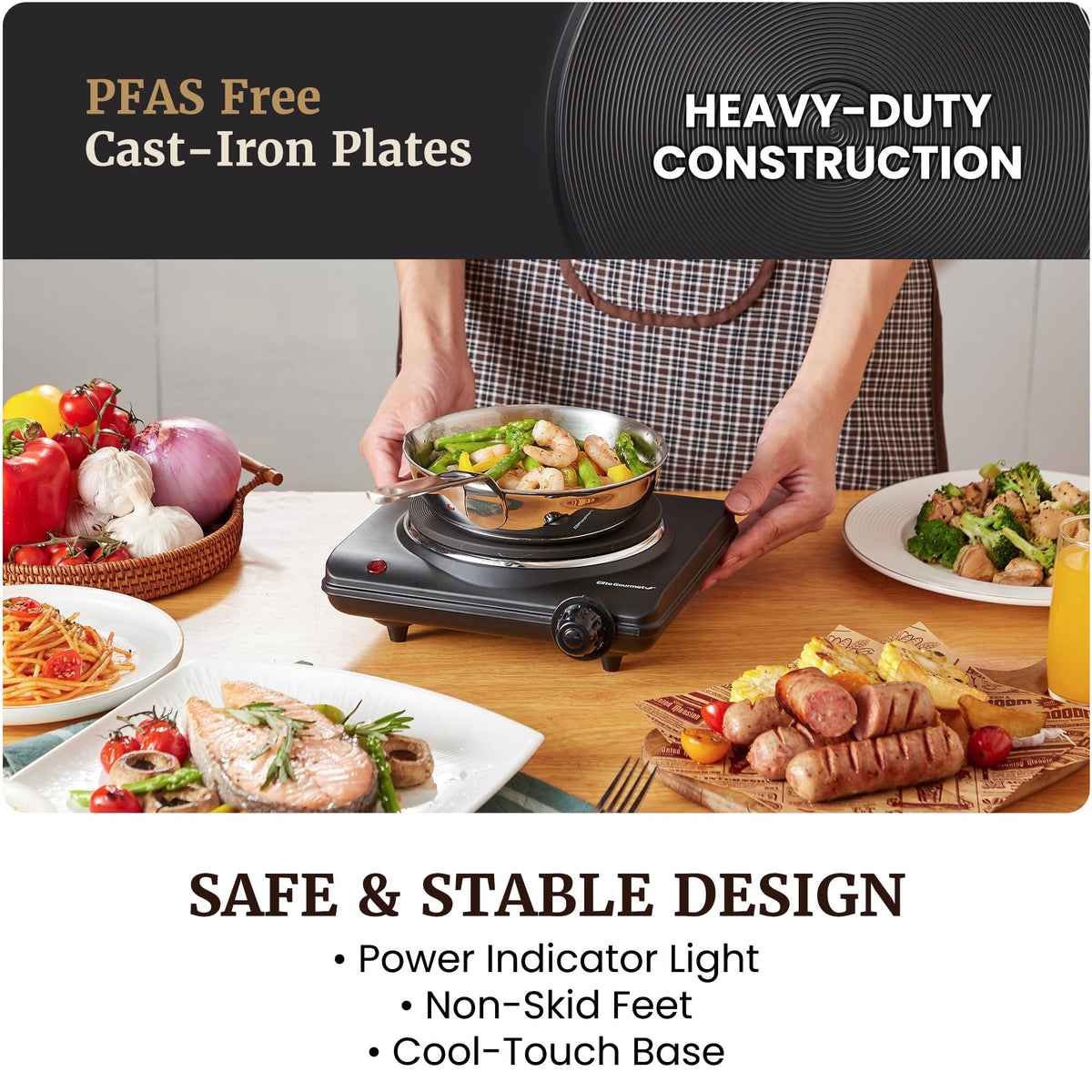 Elite Gourmet Countertop Electric Burner, 1000W Cast Iron Hot Plate, 7 Heat Settings, Portable Cooktop for RV, dorm, office & small kitchens, road-ready & compact
