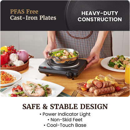 Elite Gourmet Countertop Electric Burner, 1000W Cast Iron Hot Plate, 7 Heat Settings, Portable Cooktop for RV, dorm, office & small kitchens, road-ready & compact
