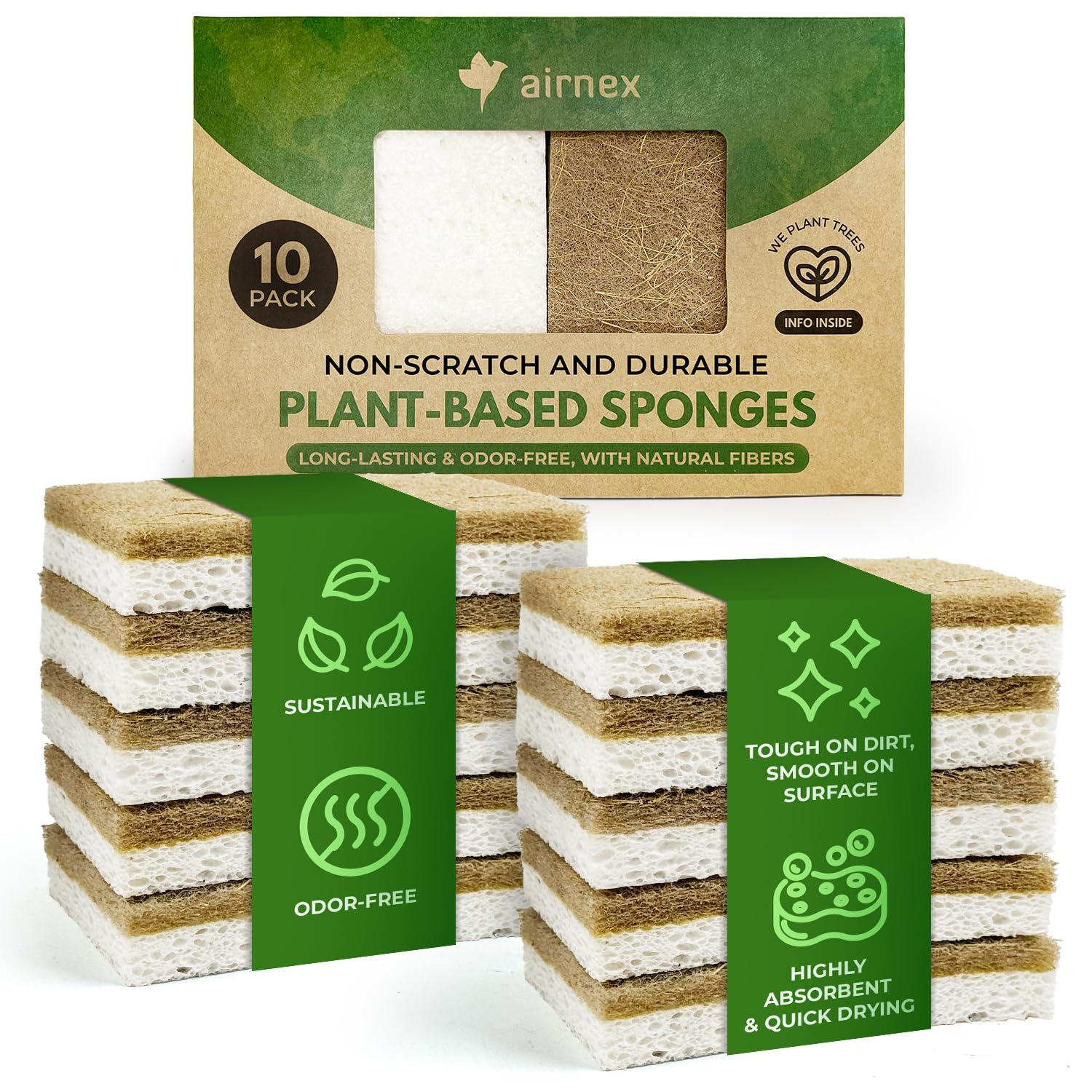 AIRNEX 10 Pack Biodegradable Natural Kitchen Sponges - Eco Friendly Cellulose and Coconut Dish Scrubbers - Odourless, Non Scratch, Dual Sided Multipurpose Sponges - Available at All In One Marketplace Canada