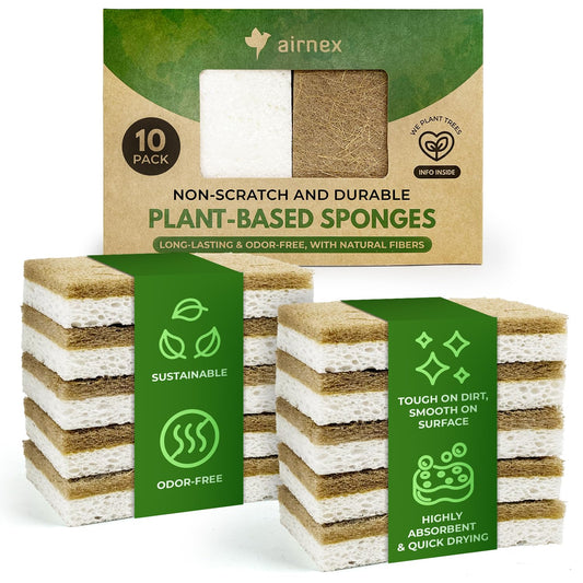AIRNEX 10 Pack Biodegradable Natural Kitchen Sponges - Eco Friendly Cellulose and Coconut Dish Scrubbers - Odourless, Non Scratch, Dual Sided Multipurpose Sponges - Available at All In One Marketplace Canada