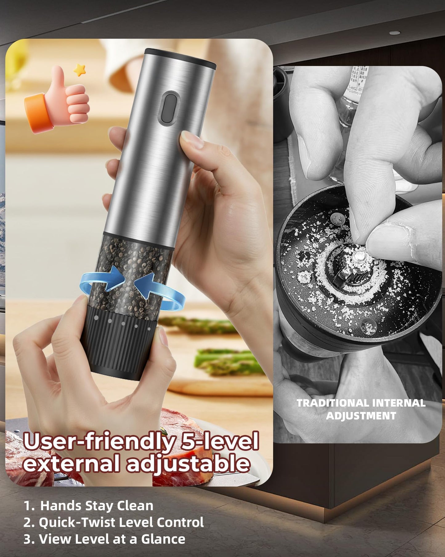 Salt and Pepper Grinder Set, Automatic Salt and Pepper Grinder, USB-C Rechargeable with 5 Adjustable Coarseness, One Hand Operation - Available at All In One Marketplace Canada
