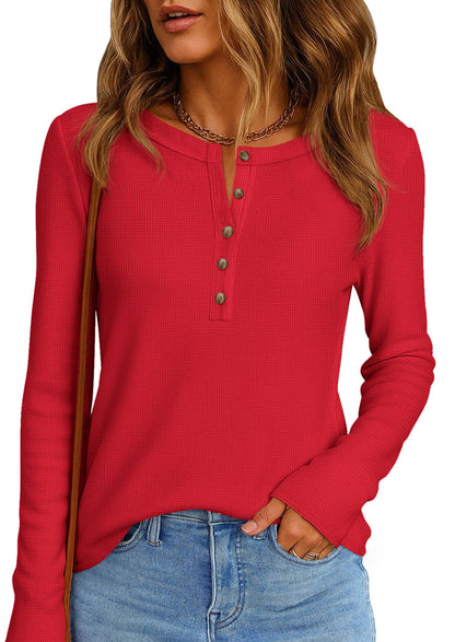 PRETTYGARDEN Women Long Sleeve Waffle Knit Shirt 2026 Spring Casual Button V Neck Loose Henley Tops Basic Tees Winter Clothes(Red,X-Large) 🍁 All In One Marketplace Canada