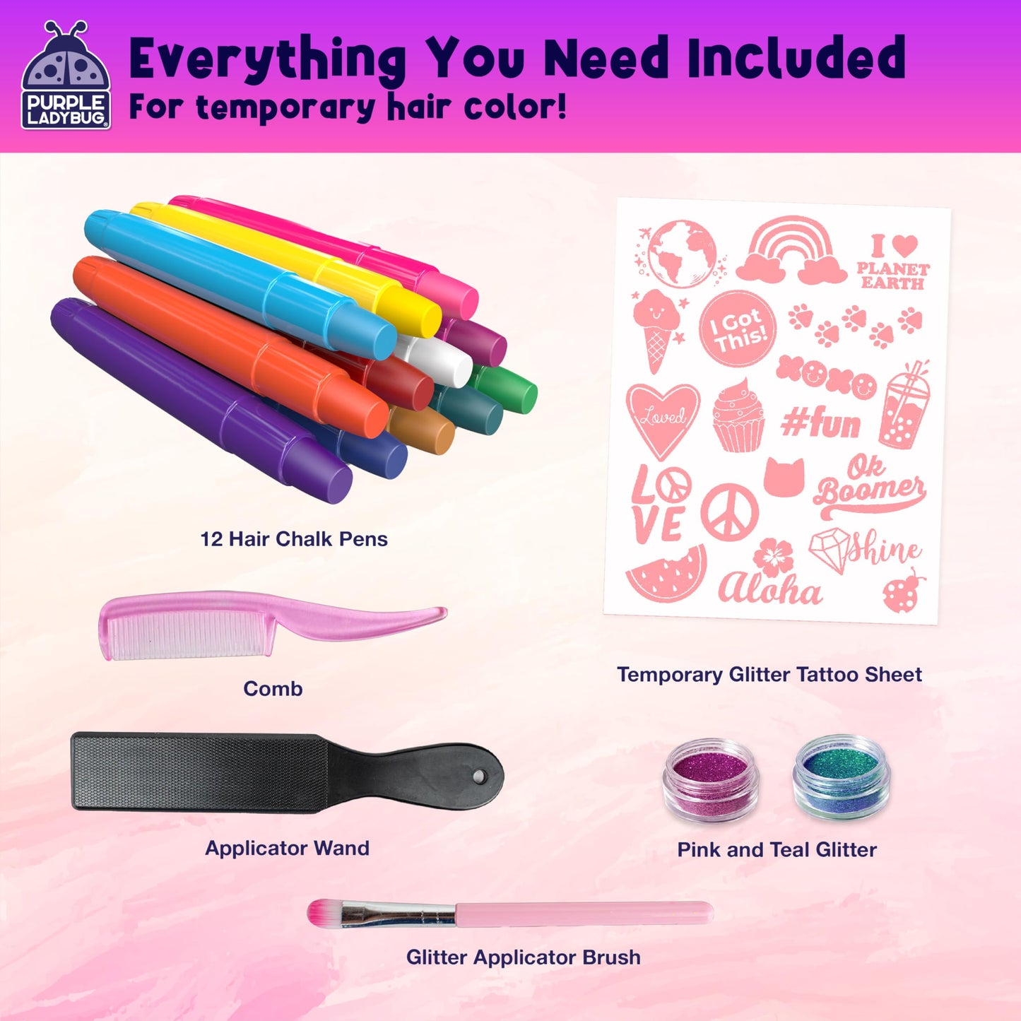 PURPLE LADYBUG Hair Chalk for Kids - 12 Safe Vibrant Temporary Hair Color for Kids - Girls Gifts 8-12 Years, 6 7 8 9 10 Year Old Girl Gift Idea - Tween & Teen Girl Gifts - Available at All In One Marketplace Canada