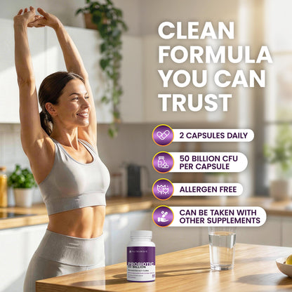 Nutrawave 50 BILLION Probiotics Women & Men, 15 Strains Active Culture. Relieves Bloating and Constipation, Improved Digestion and Gut Health Supplement, Non-GMO, Vegan, Gluten Free. 60 Vegan Capsules/ 60 Day Supply - Available at All In One Marketplace Canada