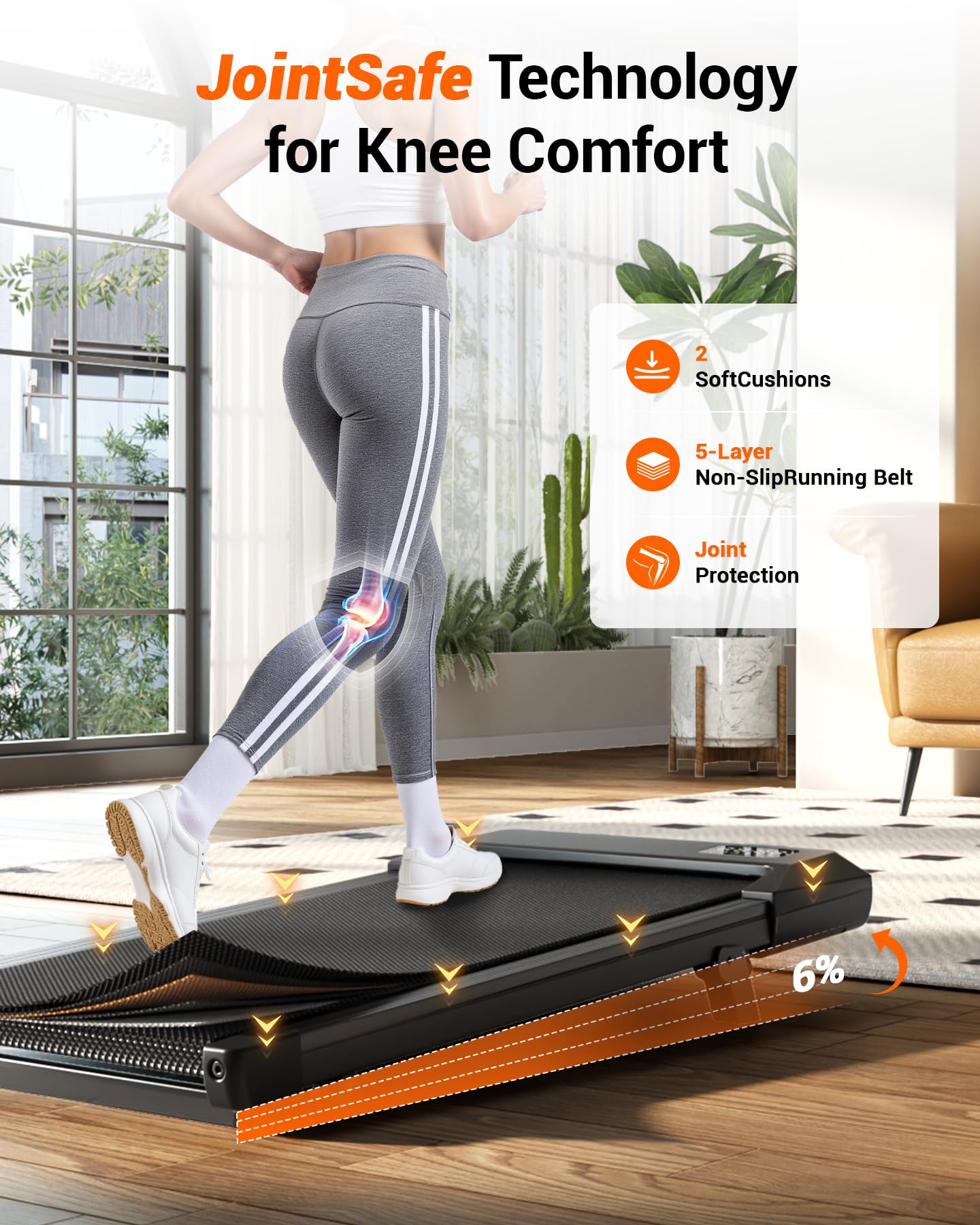 MJWW Walking Pad with 6% Incline, No-Assembly Under Desk Treadmill, 2.5 HP Quiet Motor, APP & Remote Control, LED Display, 300 lbs Capacity for Home/Office MJWW