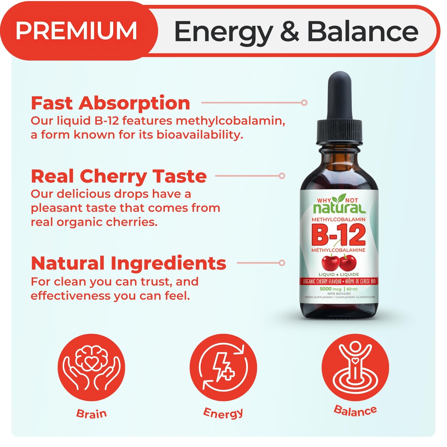 Organic Vitamin B12 Liquid - Sublingual Extra Strength 60 x 5000 mcg Drops, Methylcobalamin, Natural Cherry Flavor, Vegan, Maximize Absorption and Energy - Available at All In One Marketplace Canada