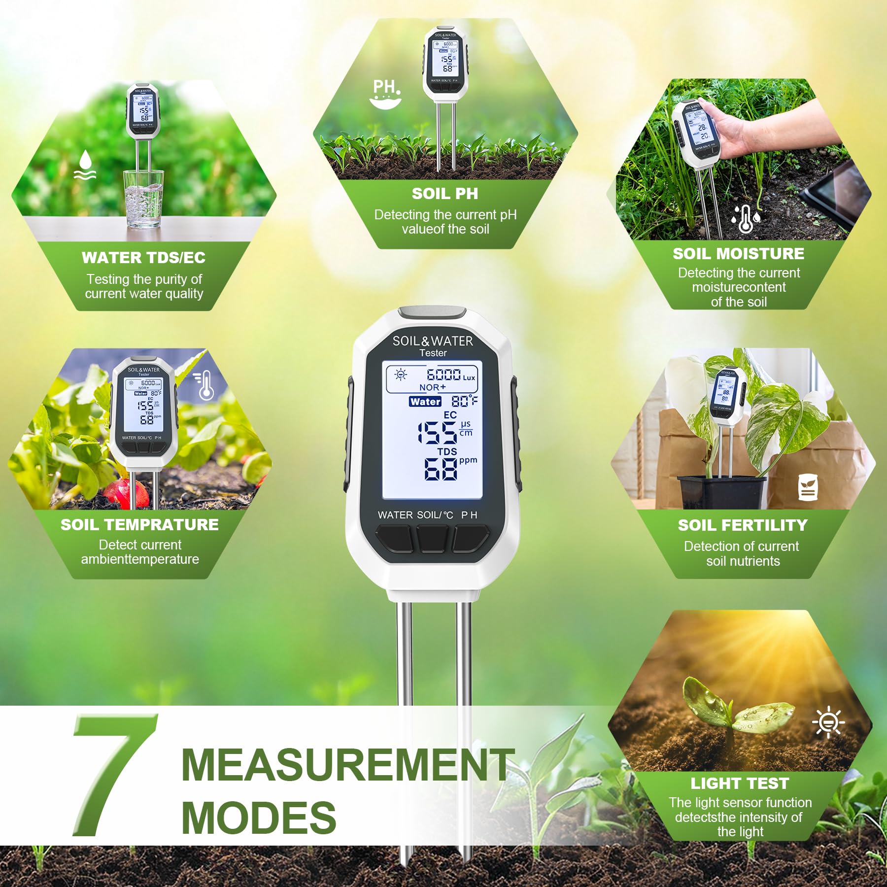 7-in-1 Soil＆Water Meter Digital Plant Temperature/Soil Moisture/PH Meter/Sunlight Intensity/Fertility/EC/TDS Backlight LCD Display Soil Test Meter TDS EC Meter for Garden Indoor Outdoor - Available at All In One Marketplace Canada