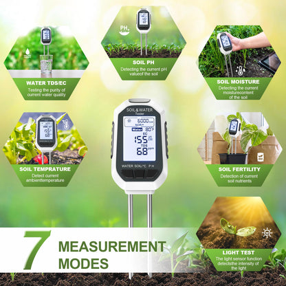 7-in-1 Soil＆Water Meter Digital Plant Temperature/Soil Moisture/PH Meter/Sunlight Intensity/Fertility/EC/TDS Backlight LCD Display Soil Test Meter TDS EC Meter for Garden Indoor Outdoor - Available at All In One Marketplace Canada