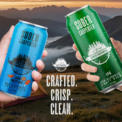 SOBER CARPENTER - DDH Hazy IPA Beer (Craft), All-Occasion Non Alcoholic Beer (with Lactose), Non Alcoholic Spirits & Alcohol Alternative, Low Calorie Drink with 70 Calories, Pack of 12 (16 oz Ea) Sober Carpenter