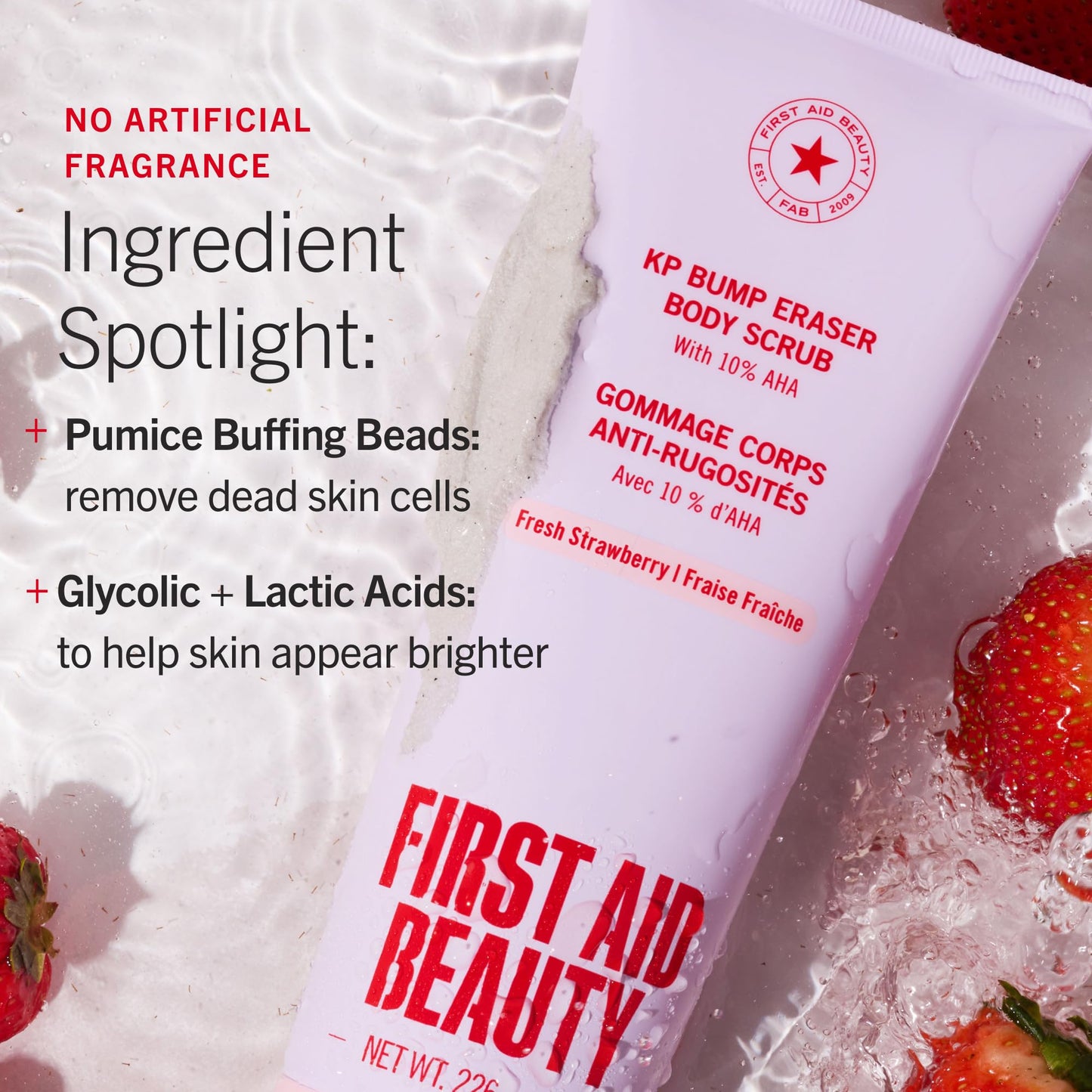 First Aid Beauty KP Bump Eraser Body Scrub Fresh Strawberry Scent, 10% AHA Keratosis Pilaris Exfoliator - Glycolic & Lactic Acid with Pumice, Treatment for Strawberry Legs, Razor Bumps & Rough Bumpy Skin, 8 oz First Aid Beauty