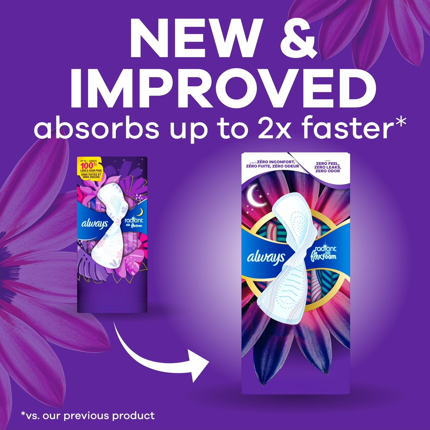Always Radiant with FlexFoam Pads, Size 5, Extra Heavy Overnight Absorbency, with Wings, Lightly Scented, Up to ZERO leaks, ZERO feel, ZERO odor, 54 Count 🍁 All In One Marketplace Canada