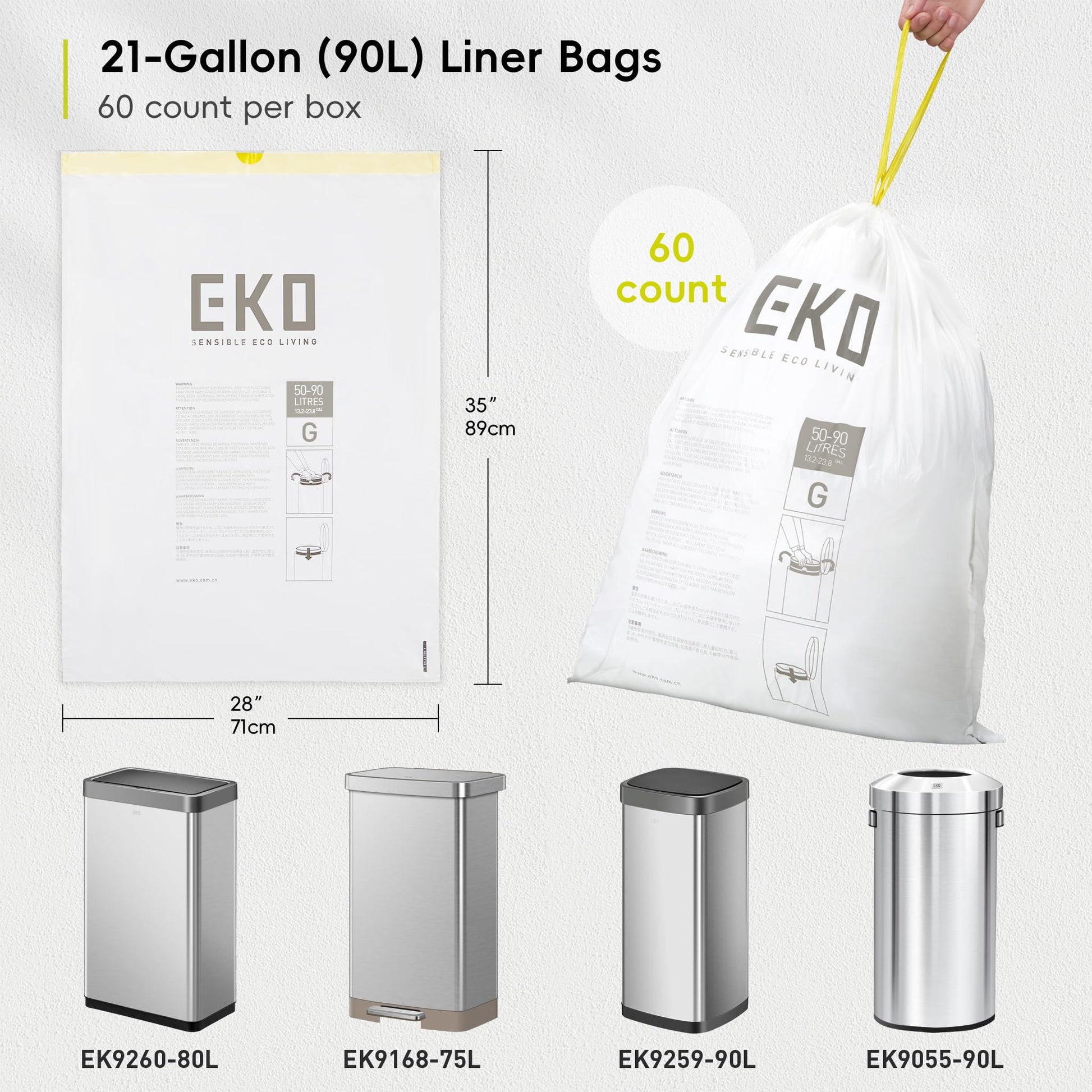 EKO Extra Strong 21 Gallon Large Trash Bags, Heavy-Duty Drawstring Kitchen & Household Garbage Bags (80L), Leak-Resistant, Fresh Floral Scent, Continuous Odor Control, 60 Count, Code G EKO