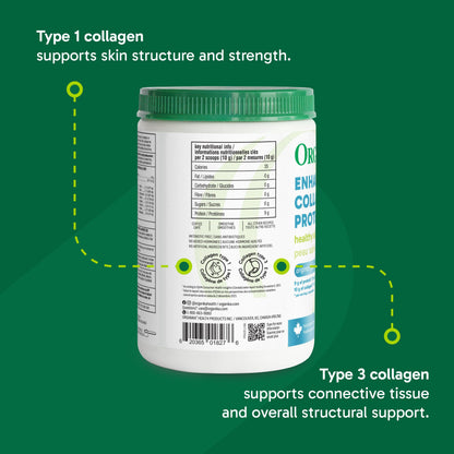 Organika Enhanced Collagen Powder (Type 1 & 3) – 10g Per Serving for Hair, Skin, Nails & Joints – Canadian-Made, Grass-Fed, Non-GMO, 250g