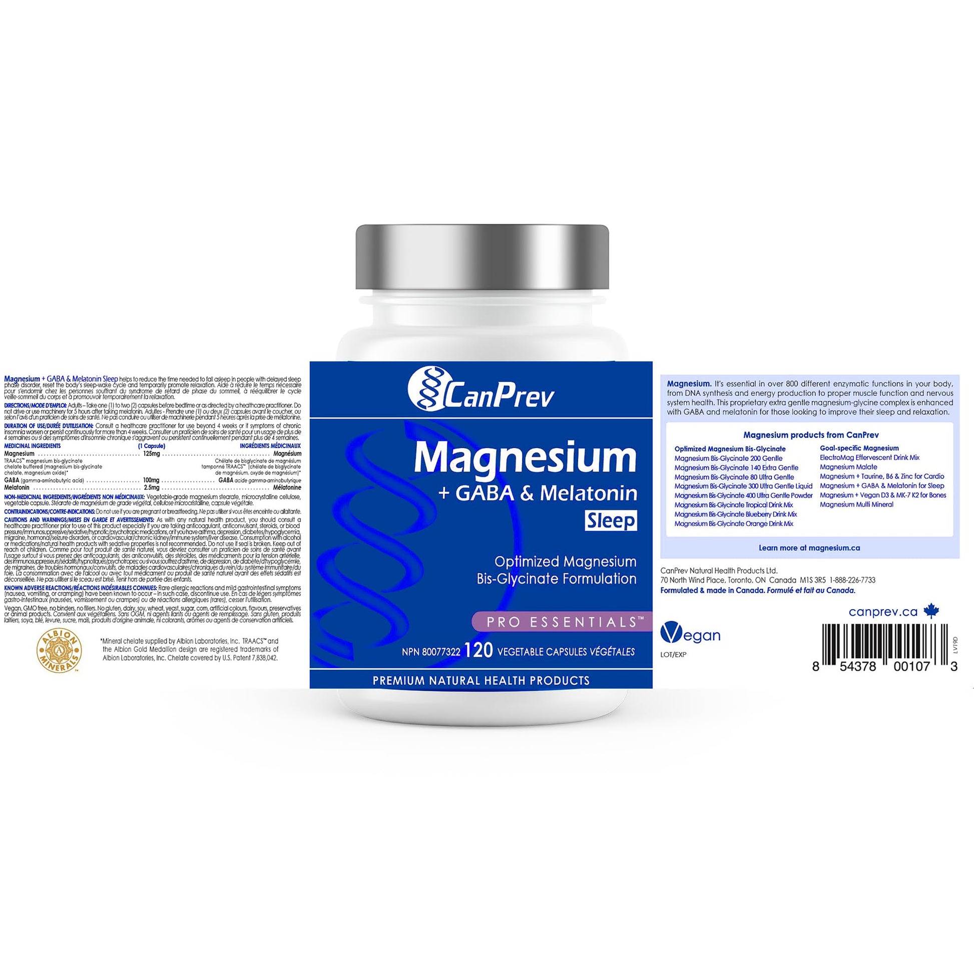 CanPrev Magnesium Bisglycinate Chelated + GABA & Melatonin, 120 Veg Caps, 120-Day Supply, Supports Restful Night, Muscle Function, Promote Relaxation & Balanced Sleep-Wake Cycle, Vegan, No GMO, Gluten - Available at All In One Marketplace Canada