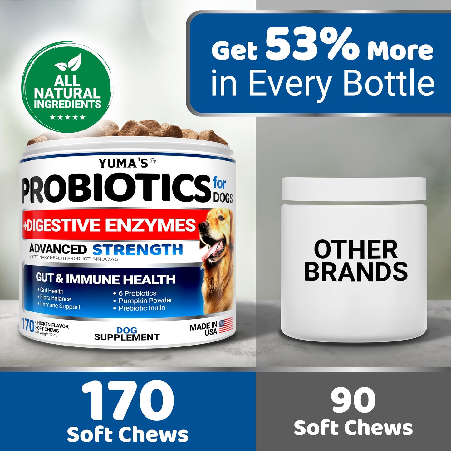 Probiotics for Dogs - 170 Chews - Helps Relieve Diarrhea, Gas & Allergies, Constipation - Dog Probiotics - Digestive & Immune Support - Prebiotics & Digestive Enzymes - Gut Health Chewable Supplement