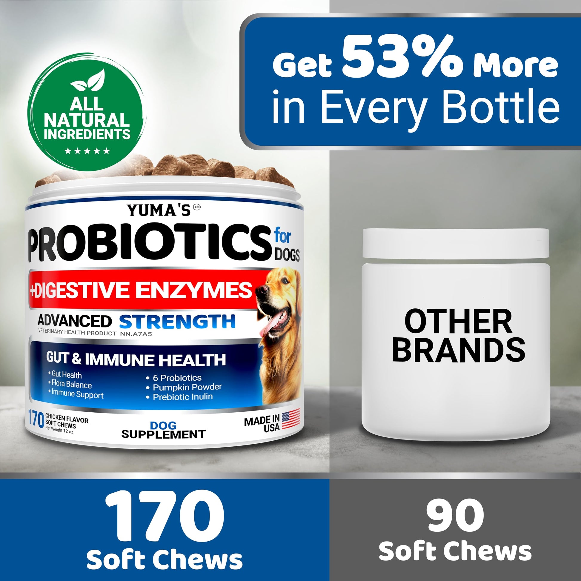 Probiotics for Dogs - 170 Chews - Helps Relieve Diarrhea, Gas & Allergies, Constipation - Dog Probiotics - Digestive & Immune Support - Prebiotics & Digestive Enzymes - Gut Health Chewable Supplement