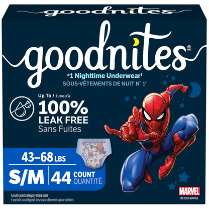 Boys Bedwetting Disposable Night Time Underwear, Overnight Training Pants, Goodnites, S/M, 44 Ct