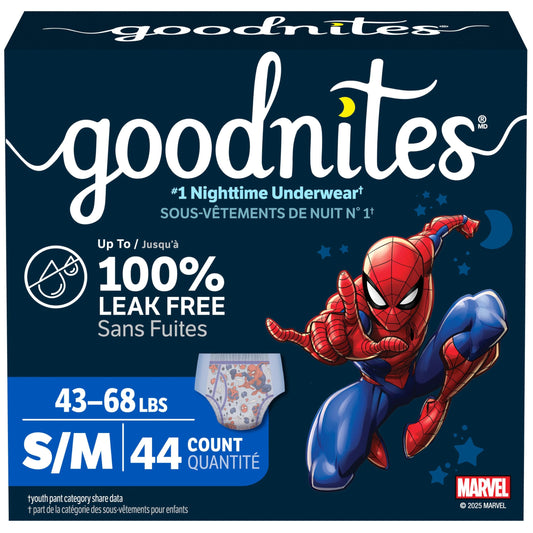 Boys Bedwetting Disposable Night Time Underwear, Overnight Training Pants, Goodnites, S/M, 44 Ct
