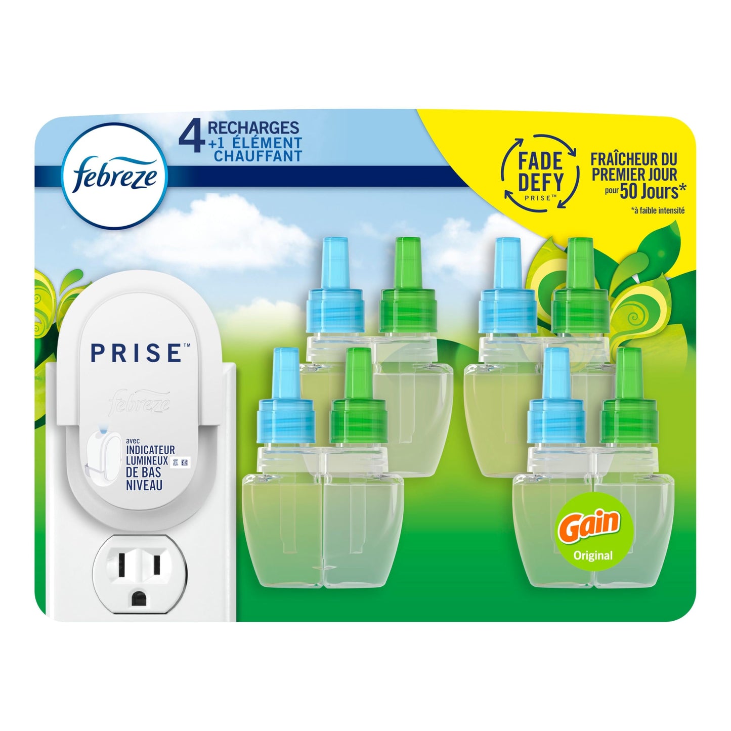 Febreze Plug In Air Freshener, Odor-Fighting Scented Oil Starter Kit for Home, Bathroom and Kitchen, Long Lasting for Strong Odors, Gain Original Scent, Warmer + 4 Refill
