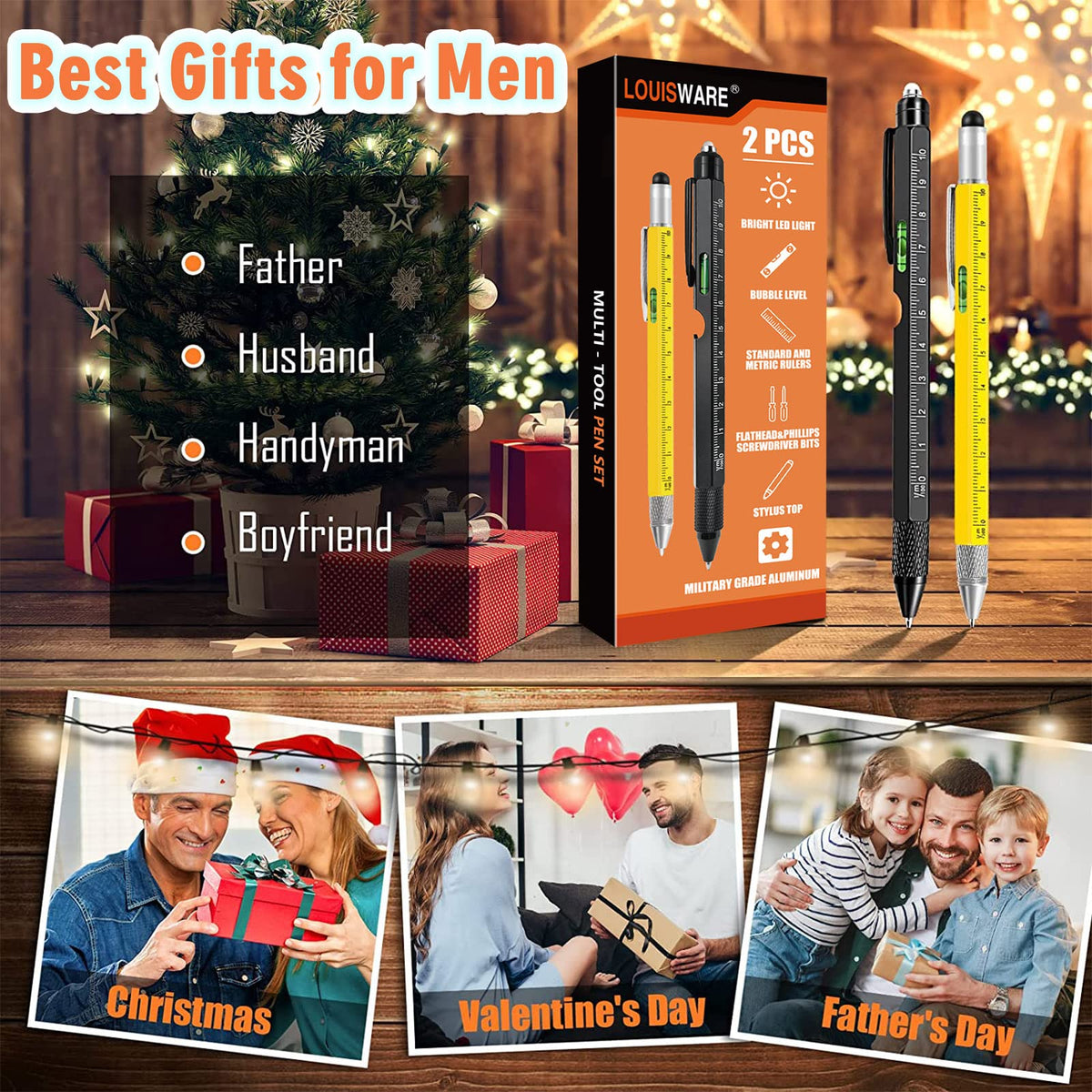 Stocking Stuffers for Men,Dad Present for Men, Christmas Cool Gadgets Present, Multi-Tool Pen 2 Pack 2024 [Stylus, Ballpoint Pen,with 2 Replacement Refills, 4" Ruler, Level, Phillips Screwdriver,LED] 🍁 All In One Marketplace Canada