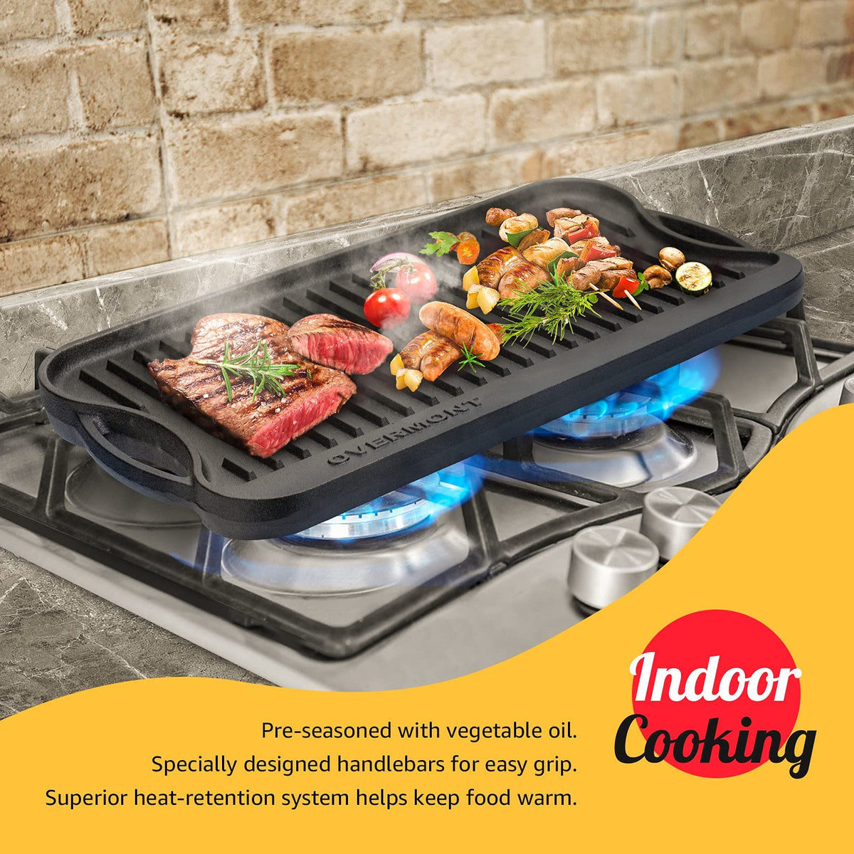 Overmont Reversible Cast Iron Grill - 16.9" x 9.7" Dual-Sided Griddle Pan