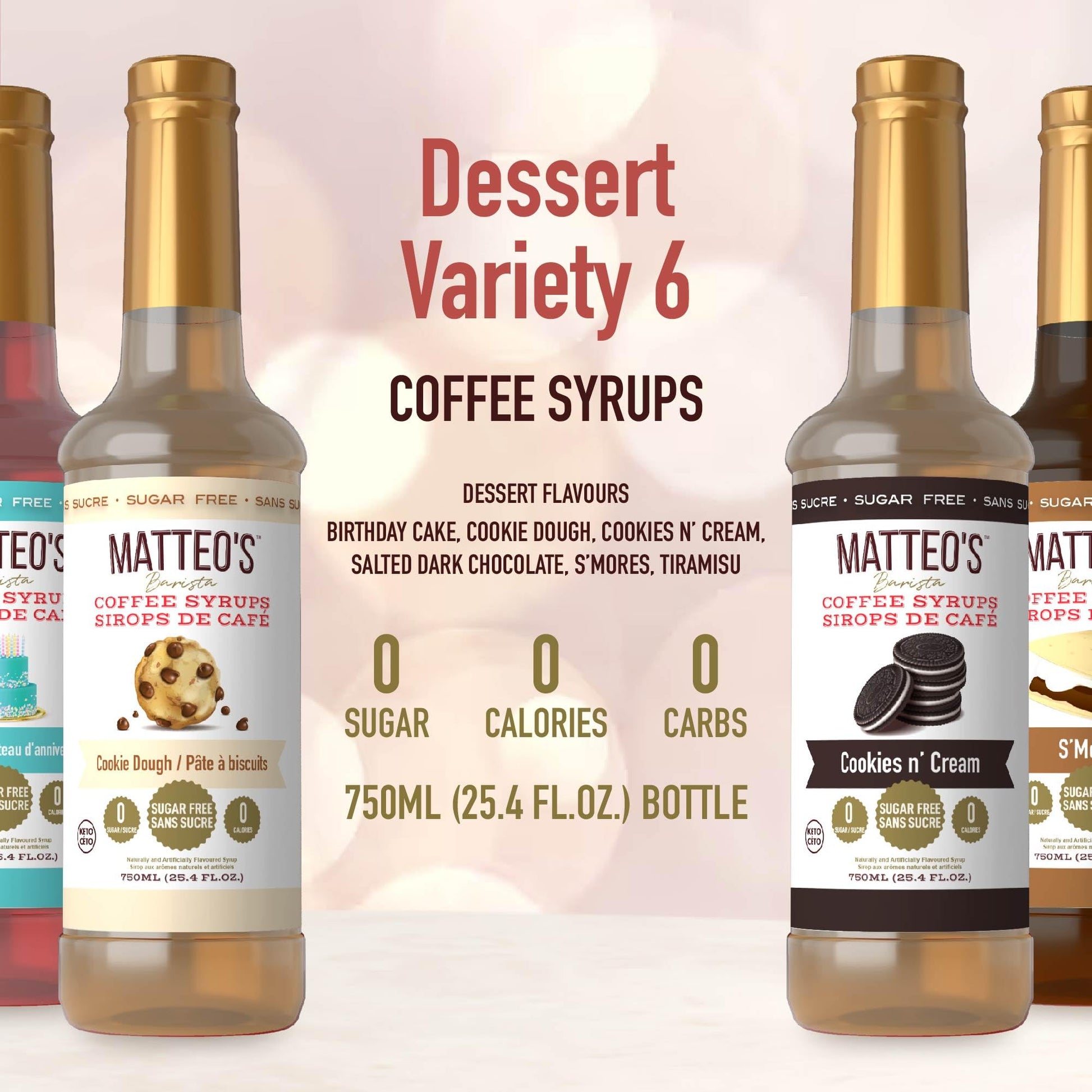 Matteo's Barista Style Sugar-Free Coffee Syrup, 6 Flavour Dessert Variety Pack, Zero Calories and Sugar, Keto-Friendly Coffee Syrups, Delicious Flavoured Coffee Syrup - 25.4 oz Syrup Bottles Matteo's