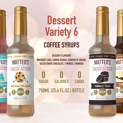 Matteo's Barista Style Sugar-Free Coffee Syrup, 6 Flavour Dessert Variety Pack, Zero Calories and Sugar, Keto-Friendly Coffee Syrups, Delicious Flavoured Coffee Syrup - 25.4 oz Syrup Bottles Matteo's