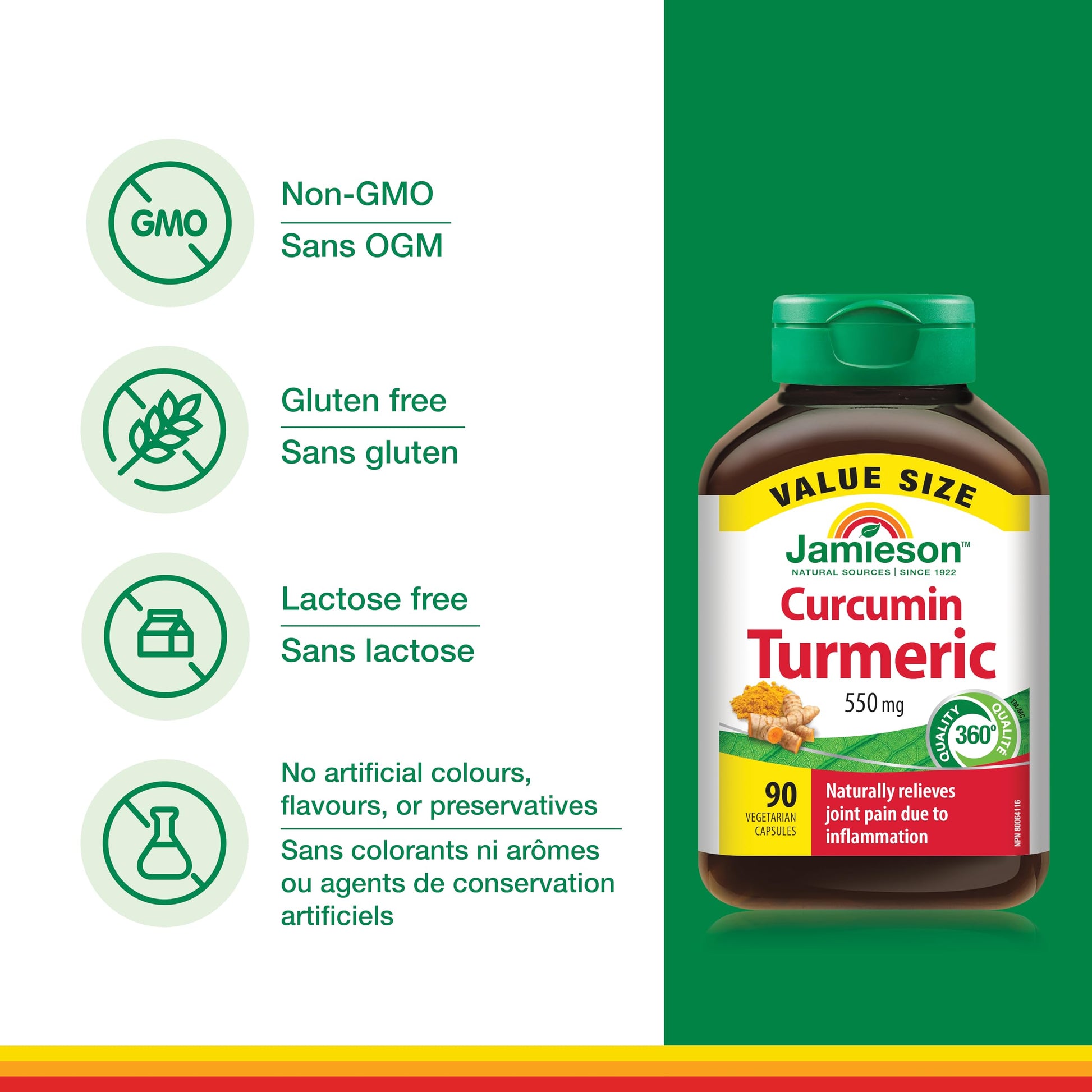 Jamieson Curcumin Turmeric 550 mg, Provides Natural Joint Pain Relief, Supports Inflammation, and Helps with Digestion. NON-GMO, Gluten-Free, 90 Vegetarian Capsules, Proudly Canadian - Available at All In One Marketplace Canada
