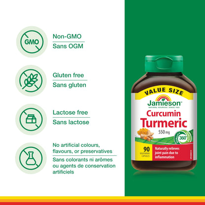 Jamieson Curcumin Turmeric 550 mg, Provides Natural Joint Pain Relief, Supports Inflammation, and Helps with Digestion. NON-GMO, Gluten-Free, 90 Vegetarian Capsules, Proudly Canadian - Available at All In One Marketplace Canada