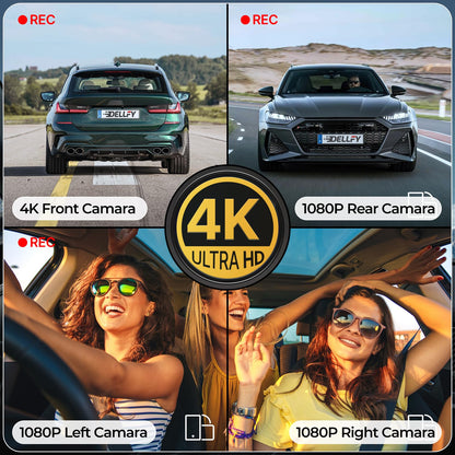 DELLFY 4 Channel Dash Cam, 4K Front & 3 * 1080P Rear/Left/Right, 360° Full View Dashcams for Cars, Built-in GPS & 5G WiFi APP, 24H Parking Mode, 8 IR Night Vision, G-Sensor, 128GB Card Included