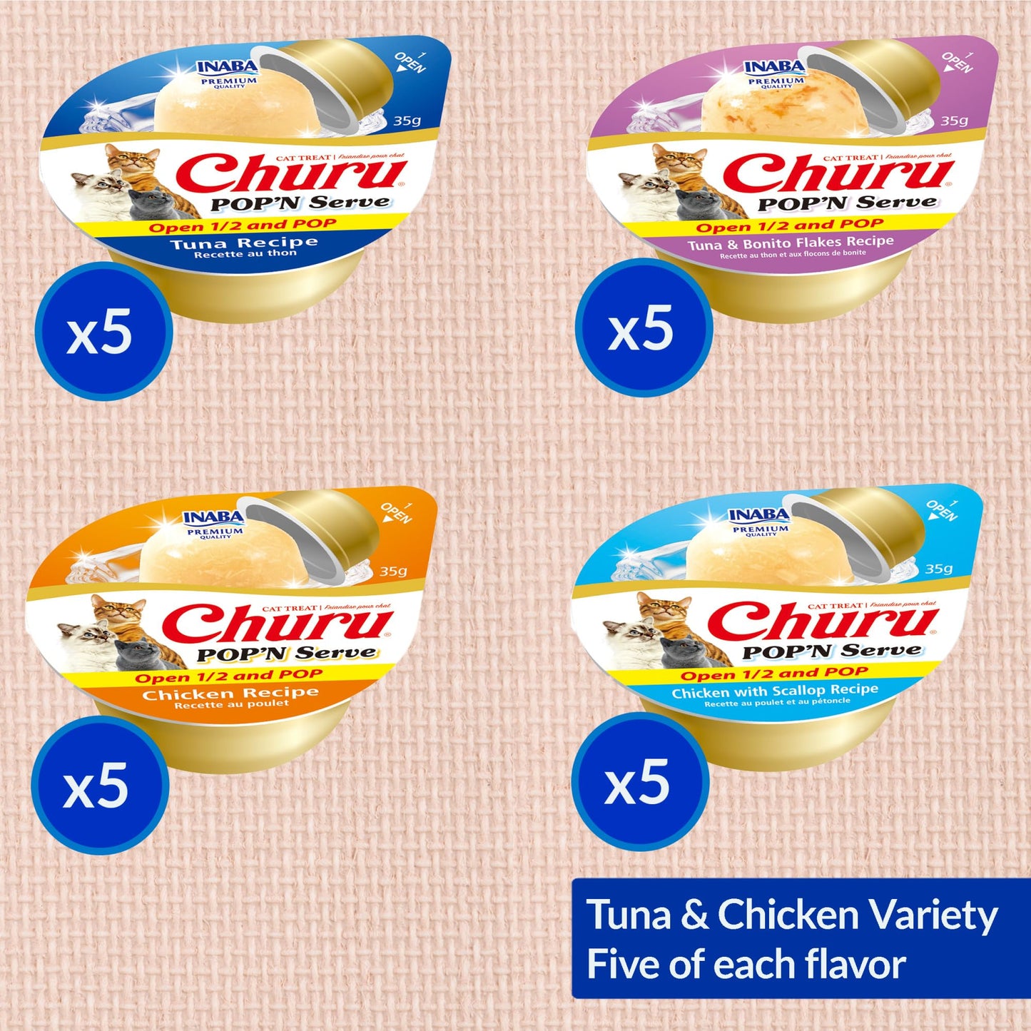 INABA Churu Pop'N Serve Jelly Cat Treat with Vitamin E & Taurine, 34 gram Cup, 20 Cups, Tuna & Chicken Variety