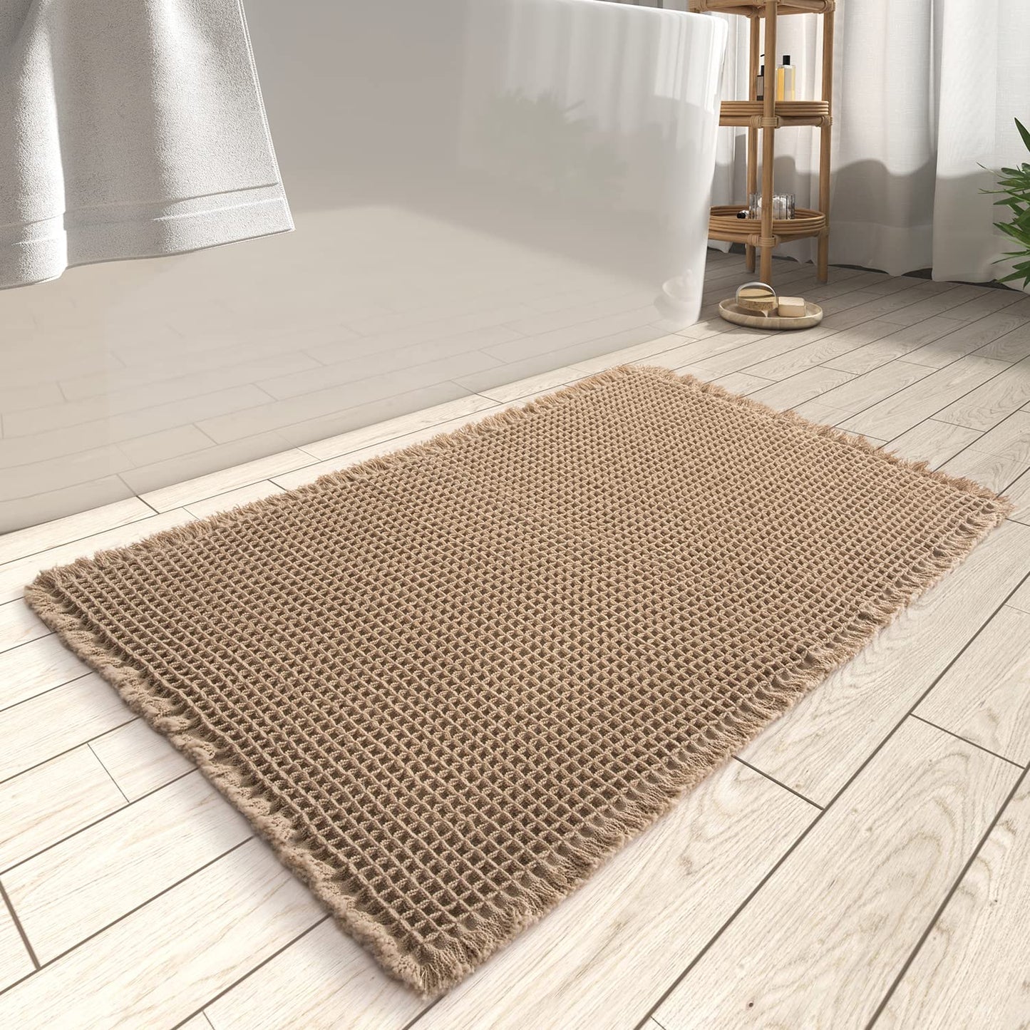 Rvolst Bath Mat Rug for Bathroom Waffle Woven Bathroom Mat Super Absorbent Machine Washable Non Slip Farmhouse Boho Bathroom Rug 46x77cm Brown - Available at All In One Marketplace Canada