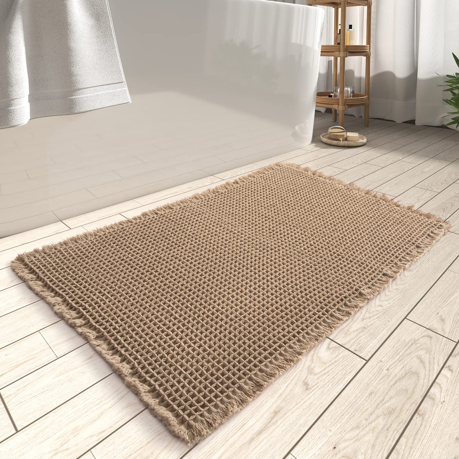 Rvolst Bath Mat Rug for Bathroom Waffle Woven Bathroom Mat Super Absorbent Machine Washable Non Slip Farmhouse Boho Bathroom Rug 46x77cm Brown - Available at All In One Marketplace Canada