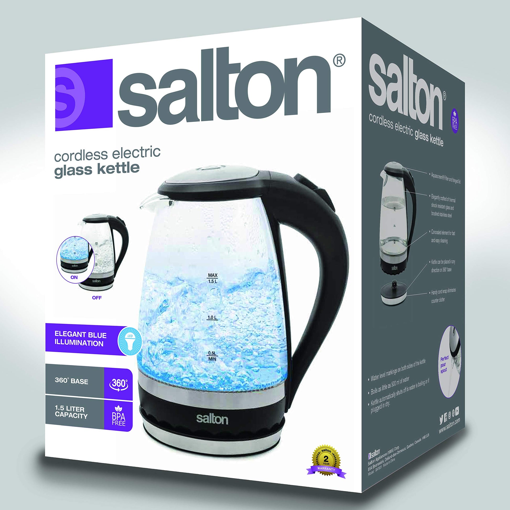 Salton Cordless Electric Glass Kettle - Compact 1.5L/Quart Water Boiler and Tea Heater with Automatic Shut-Off and Boil-Dry Protection, Soft Blue Illumination, Stainless Steel, 1100 Watts Salton