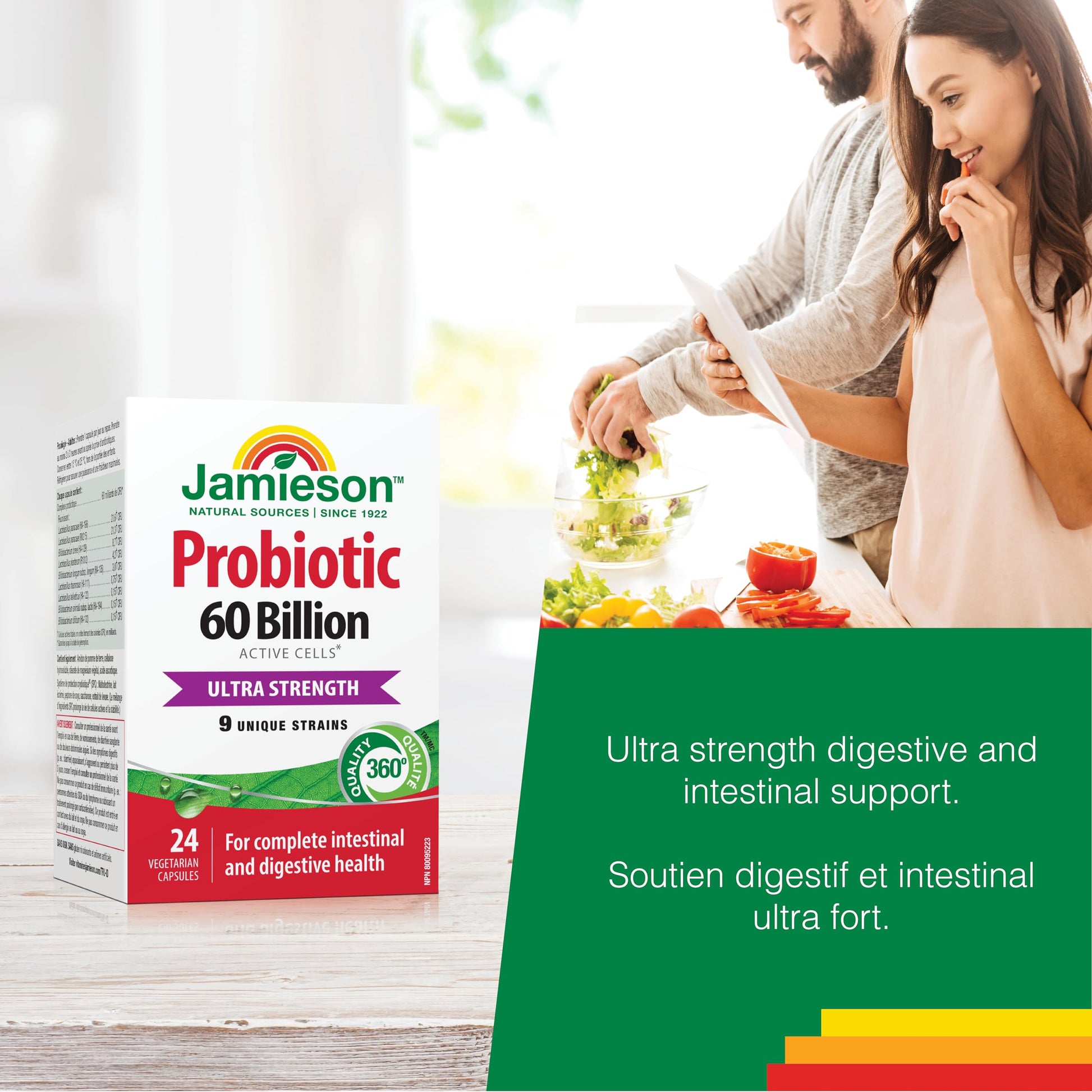 Jamieson Probiotic 60 Billion Active Cells, Ultra Strength, Supports Digestive Health and Intestinal Health. 9 Unique Strains, Including Lactobacillus and Bifidobacterium, Non-GMO, Gluten-Free, 24 Vegetarian capsules - Available at All In One Marketplace Canada