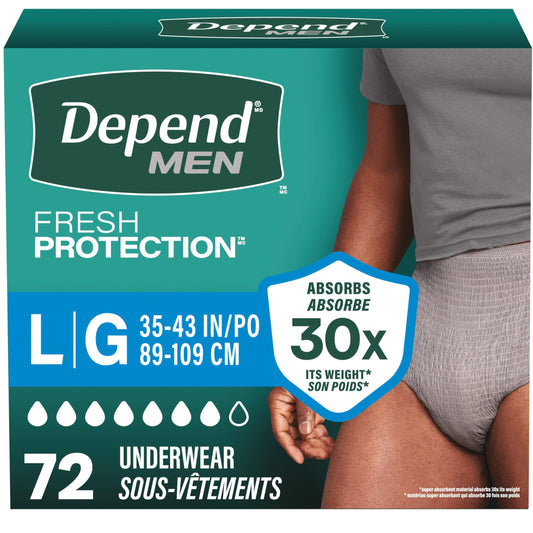 Depend Fresh Protection Adult Incontinence Underwear for Men (Formerly Depend Fit-Flex), Disposable, Maximum, Large, Grey, 72 Count (2 Packs of 36)
