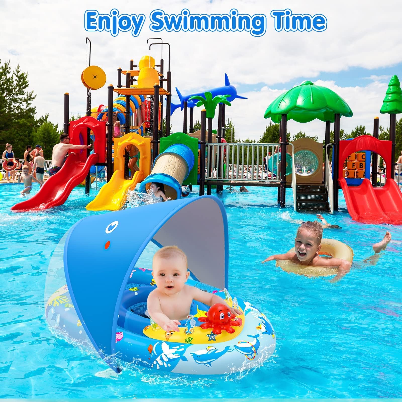 EZIGO Baby Pool Float with Canopy UPF50+ Sun Protection, Inflatable Kids Pool Float with Ocean Animal Toys for Babies 6-36 Months, Infant Swimming Float with Adjustable Safety Seat for Boys Girls