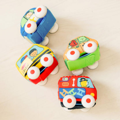 Melissa & Doug K's Kids Pull-Back Town Vehicle Set - Baby Toys Set with 4 Soft Toy Cars and Trucks, Surface Washable with Removable Wheels, Learning Toys for Babies and Toddlers