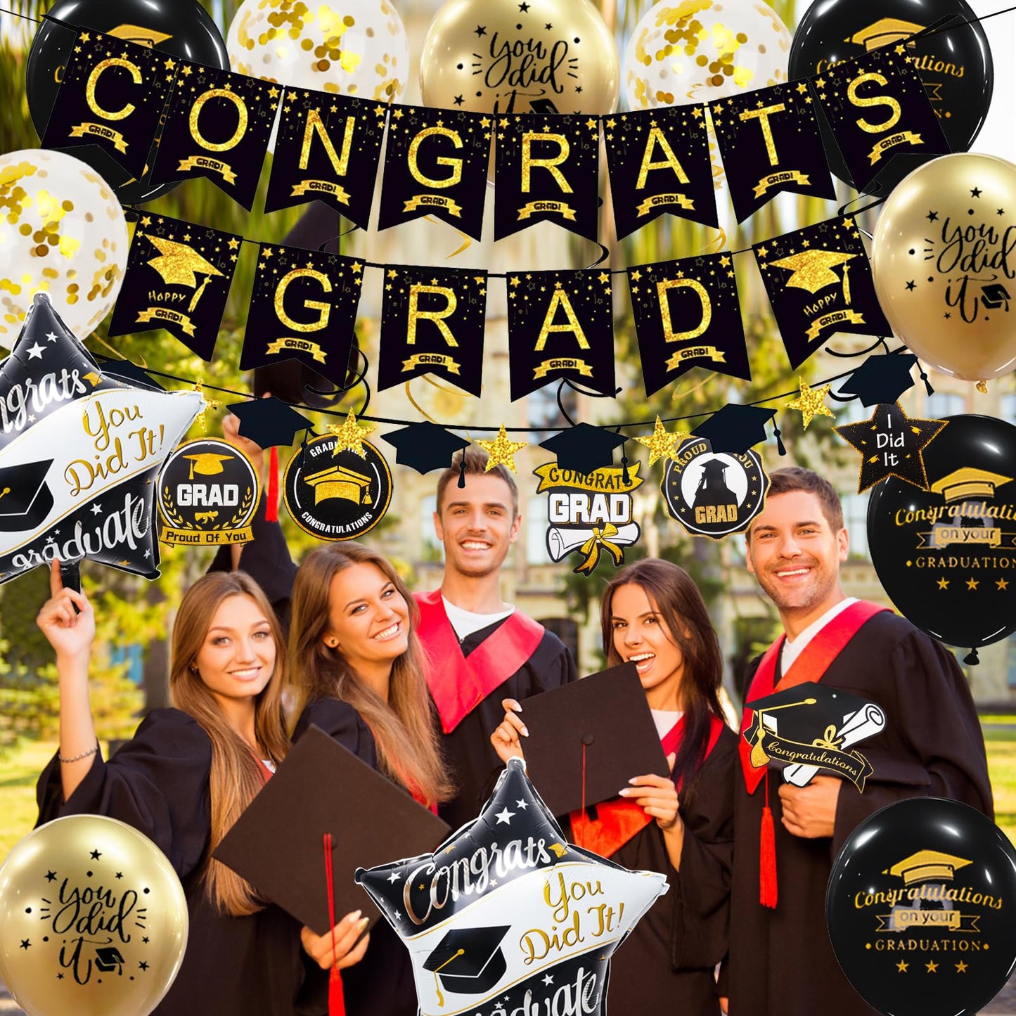Graduation Decorations Class of 2026, 12Pcs Black and Gold balloons with Swirl and Graduation Garland Congrats Grad 2026 Banner for College High School Party Supplies - Available at All In One Marketplace Canada