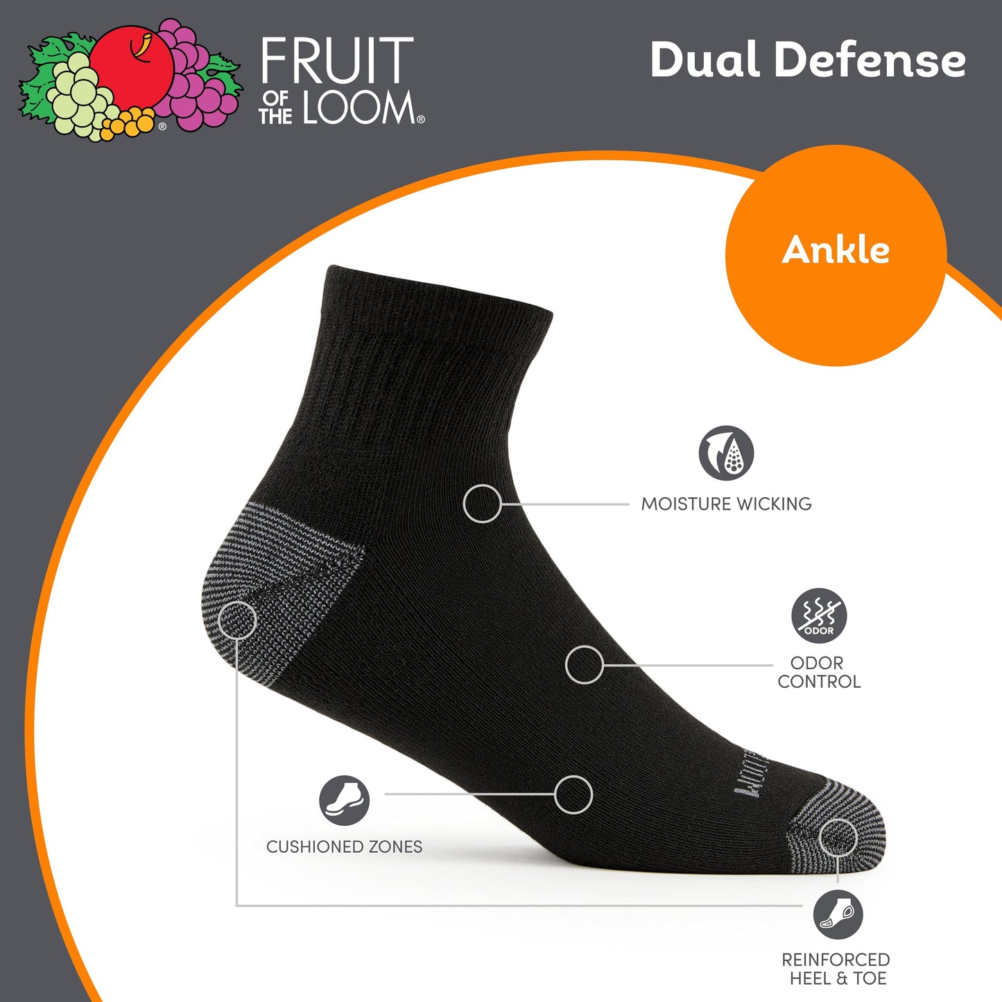 Fruit of the Loom mens 12 Pair Pack Dual Defense Cushioned Casual Sock, Black, 6-12