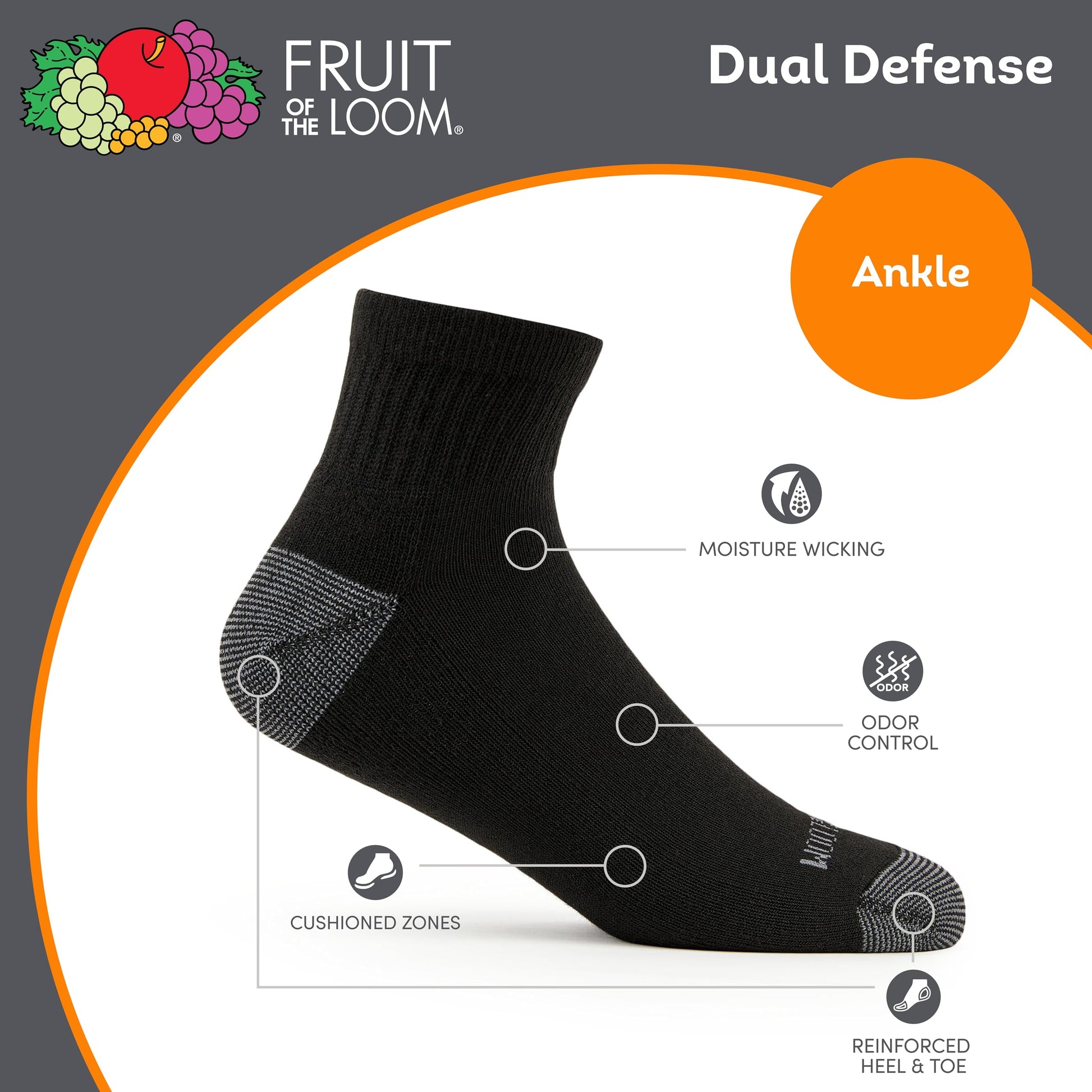 Fruit of the Loom mens 12 Pair Pack Dual Defense Cushioned Casual Sock, Black, 6-12