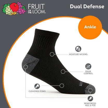 Fruit of the Loom mens 12 Pair Pack Dual Defense Cushioned Casual Sock, Black, 6-12