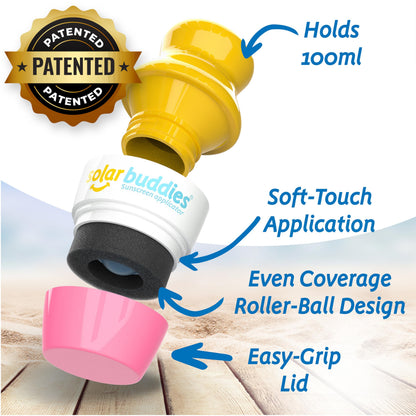 Solar Buddies Sunscreen Applicator - Single Pink - Refillable Roll on Sponge Sunscreen, Suncream & Lotion Applicator For Kids, Adults & Families - Holds 3.4fl oz, Perfect Size for Travel