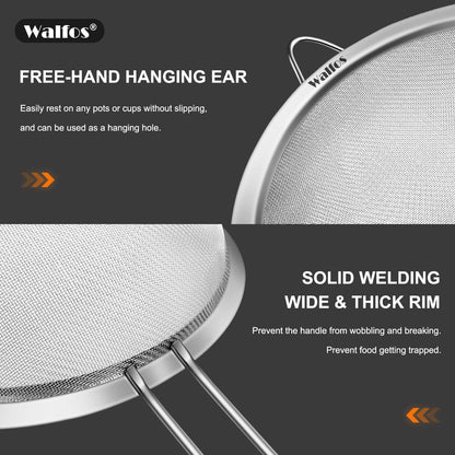 Walfos Fine Mesh Strainers Set, Premium Stainless Steel Sieve and Sifter with Sturdy Handle, Metal Kitchen Strainers Perfect for for Food, Rice, Quinoa, Fruit, Tea, Flour- 3 Sizes - Available at All In One Marketplace Canada
