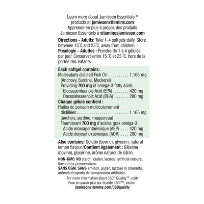 Jamieson Extra Strength Omega-3 700 mg, No Fishy Aftertaste, Supports Heart, Brain, and Eye Health, Arthritis Support. With EPA and DHA, Non-GMO, Gluten-Free, 100 Softgels, Proudly Canadian Jamieson