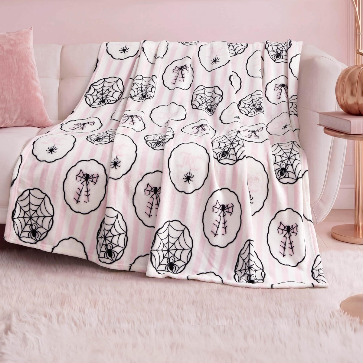 Couverture en peluche Juicy Couture, motif toile d'araignée pour Halloween, plaid décoratif doux en polyester pour canapé ou lit, rose clair, 127 cm x 152 cm